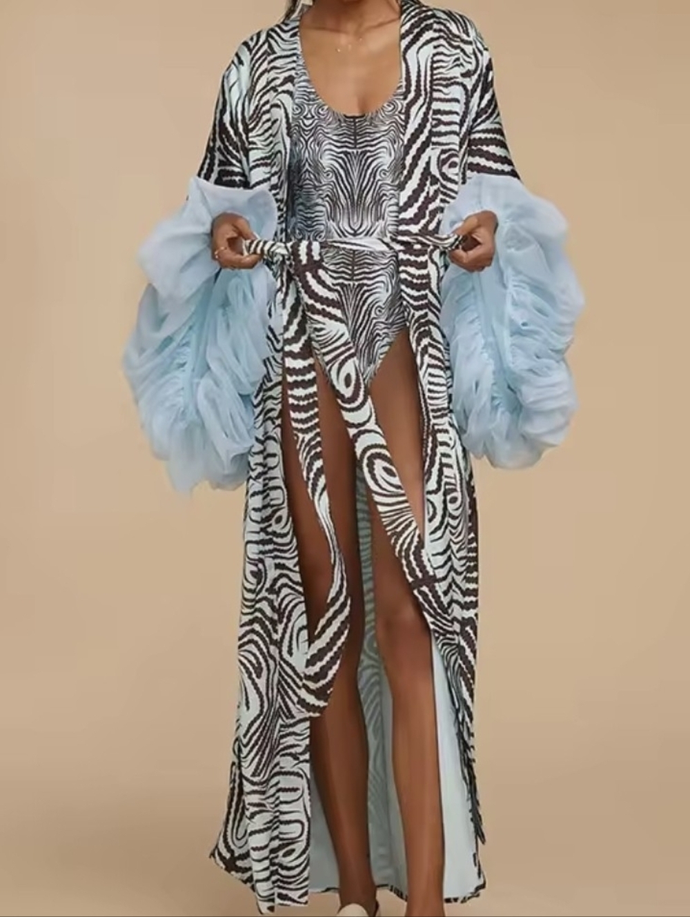 Big BLUE Ruffle Zebra Print Robe NEW